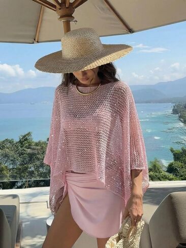 Verdusa Women's Sheer Poncho Tops Sequin Oversized Asymmetrical Crochet Tops Beach Cover Up in Kuwait