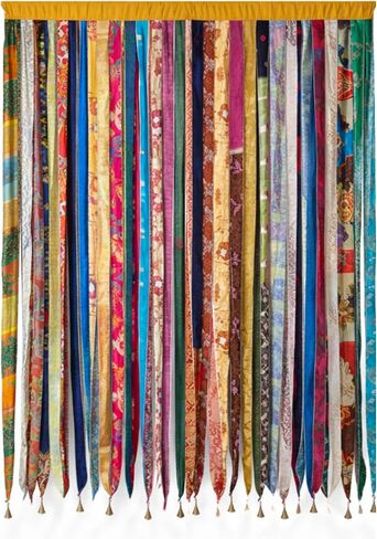 Multicolor Hippie Handmade Boho Silk Sari Ribbon Curtain Doorway Divider Recycled Fabric with Bells, Multicolor Light-Filtering Rod Pocket, 82" L x 42" W in Kuwait