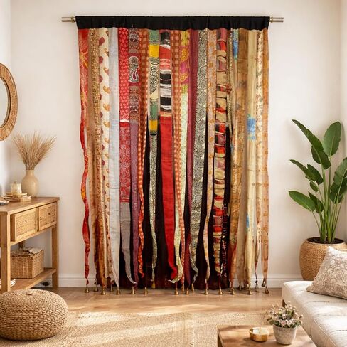 Multicolor Hippie Handmade Boho Silk Sari Ribbon Curtain Doorway Divider Recycled Fabric with Bells, Multicolor Light-Filtering Rod Pocket, 82" L x 42" W in Kuwait
