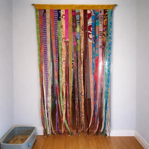 Multicolor Hippie Handmade Boho Silk Sari Ribbon Curtain Doorway Divider Recycled Fabric with Bells, Multicolor Light-Filtering Rod Pocket, 82" L x 42" W in Kuwait