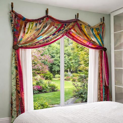 Multicolor Hippie Handmade Boho Silk Sari Ribbon Curtain Doorway Divider Recycled Fabric with Bells, Multicolor Light-Filtering Rod Pocket, 82" L x 42" W in Kuwait