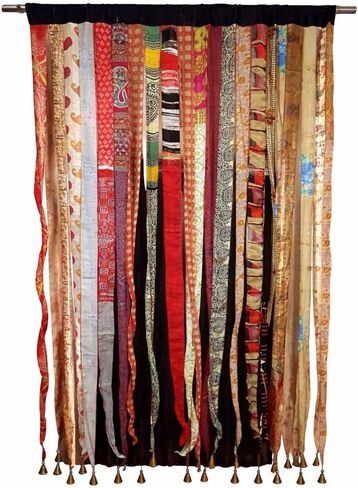 Multicolor Hippie Handmade Boho Silk Sari Ribbon Curtain Doorway Divider Recycled Fabric with Bells, Multicolor Light-Filtering Rod Pocket, 82" L x 42" W in Kuwait