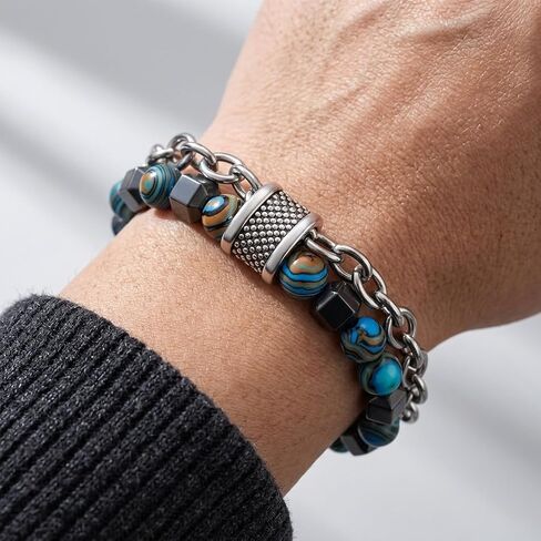 Double Strand Stone Bead Bracelet with Stainless Steel Type Links and Textured Metal Spacer Accents in Kuwait