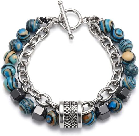 Double Strand Stone Bead Bracelet with Stainless Steel Type Links and Textured Metal Spacer Accents in Kuwait