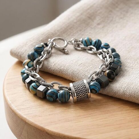 Double Strand Stone Bead Bracelet with Stainless Steel Type Links and Textured Metal Spacer Accents in Kuwait