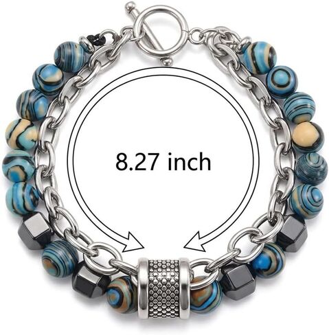 Double Strand Stone Bead Bracelet with Stainless Steel Type Links and Textured Metal Spacer Accents in Kuwait