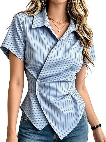 Striped Blouses for Women Dressy Casual Wrap Asymmetrical Tops Long Sleeve Slim Fitted Shirt Business Work Outfits in Kuwait