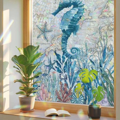 Window Privacy Film, Seahorse Coastal Stained Glass Window Film Static Clings, Summer Beach Coral Seaweed Vintage Sun Blocking Decorative Windows Covering Tint for Glass Door, 23.6" x 59" in Saudi Arabia