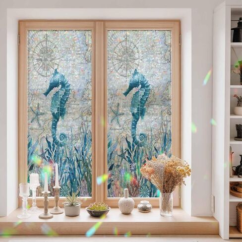 Window Privacy Film, Seahorse Coastal Stained Glass Window Film Static Clings, Summer Beach Coral Seaweed Vintage Sun Blocking Decorative Windows Covering Tint for Glass Door, 23.6" x 59" in Saudi Arabia