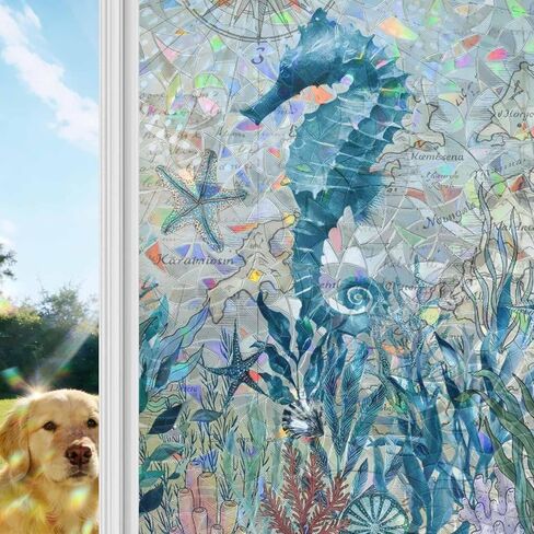 Window Privacy Film, Seahorse Coastal Stained Glass Window Film Static Clings, Summer Beach Coral Seaweed Vintage Sun Blocking Decorative Windows Covering Tint for Glass Door, 23.6" x 59" in Saudi Arabia