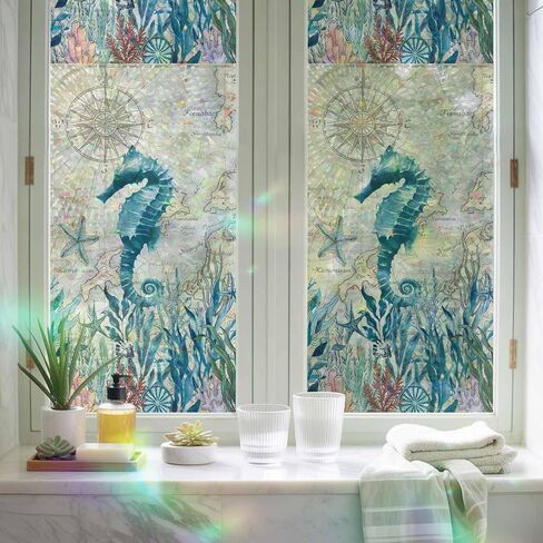 Window Privacy Film, Seahorse Coastal Stained Glass Window Film Static Clings, Summer Beach Coral Seaweed Vintage Sun Blocking Decorative Windows Covering Tint for Glass Door, 23.6" x 59" in Saudi Arabia
