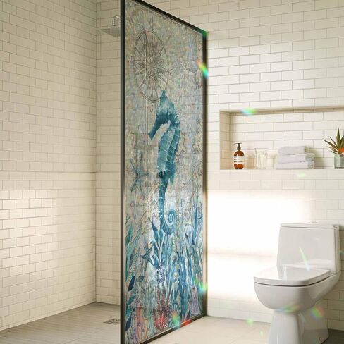 Window Privacy Film, Seahorse Coastal Stained Glass Window Film Static Clings, Summer Beach Coral Seaweed Vintage Sun Blocking Decorative Windows Covering Tint for Glass Door, 23.6" x 59" in Saudi Arabia