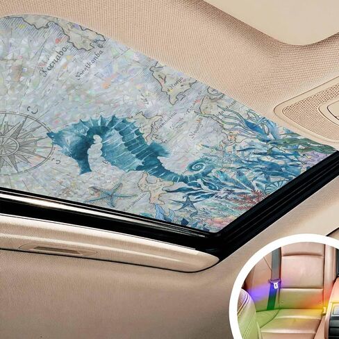Window Privacy Film, Seahorse Coastal Stained Glass Window Film Static Clings, Summer Beach Coral Seaweed Vintage Sun Blocking Decorative Windows Covering Tint for Glass Door, 23.6" x 59" in Saudi Arabia