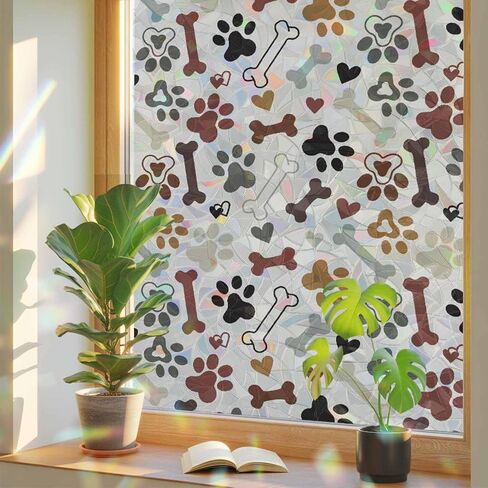 Window Privacy Film Paw Print Rainbow Stained Glass Window Film Dog Bones Static Cling Non-Adhesive Decorative Window Cover, UV & Heat Blocking for Home, Office 35.4" x 78.7" in Saudi Arabia