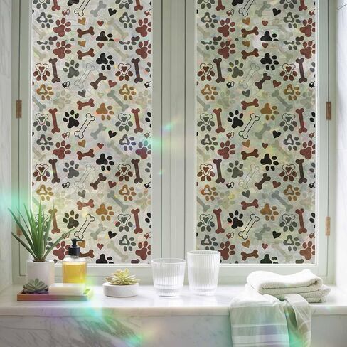 Window Privacy Film Paw Print Rainbow Stained Glass Window Film Dog Bones Static Cling Non-Adhesive Decorative Window Cover, UV & Heat Blocking for Home, Office 35.4" x 78.7" in Saudi Arabia