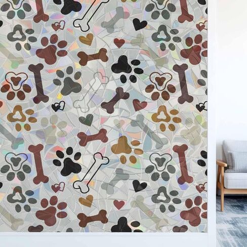 Window Privacy Film Paw Print Rainbow Stained Glass Window Film Dog Bones Static Cling Non-Adhesive Decorative Window Cover, UV & Heat Blocking for Home, Office 35.4" x 78.7" in Saudi Arabia