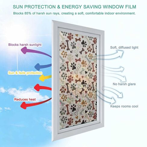 Window Privacy Film Paw Print Rainbow Stained Glass Window Film Dog Bones Static Cling Non-Adhesive Decorative Window Cover, UV & Heat Blocking for Home, Office 35.4" x 78.7" in Saudi Arabia