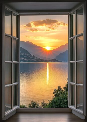 WOOHOOROO Peel and Stick Fake Window-Serene Mountain Lake View with Sunlit Greenery,Crystal Blue Water & Distant Chalets,24" x 16" in Kuwait