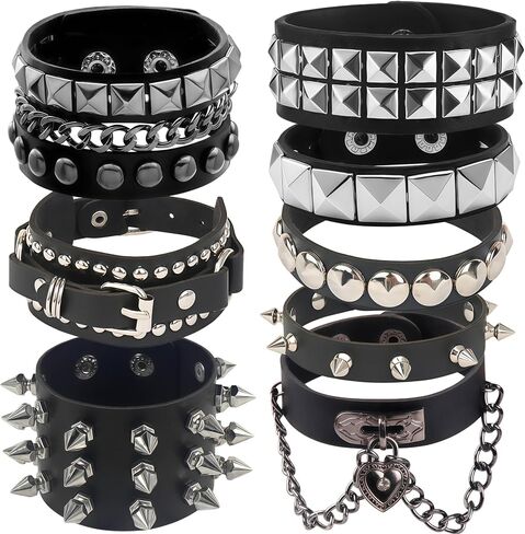 8 Pcs Punk Rock Studded Bracelet Set Leather Cuff Bracelets for Men Women 80s Emo Goth Metal Wristband Accessories in Saudi Arabia