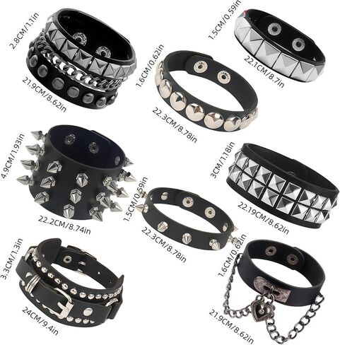 8 Pcs Punk Rock Studded Bracelet Set Leather Cuff Bracelets for Men Women 80s Emo Goth Metal Wristband Accessories in Saudi Arabia