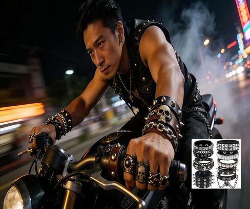 8 Pcs Punk Rock Studded Bracelet Set Leather Cuff Bracelets for Men Women 80s Emo Goth Metal Wristband Accessories in Saudi Arabia