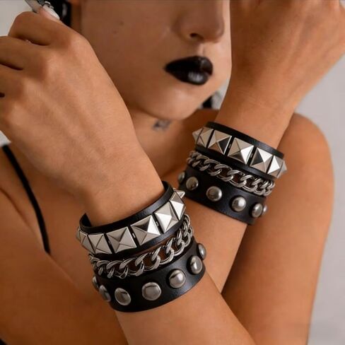 8 Pcs Punk Rock Studded Bracelet Set Leather Cuff Bracelets for Men Women 80s Emo Goth Metal Wristband Accessories in Saudi Arabia