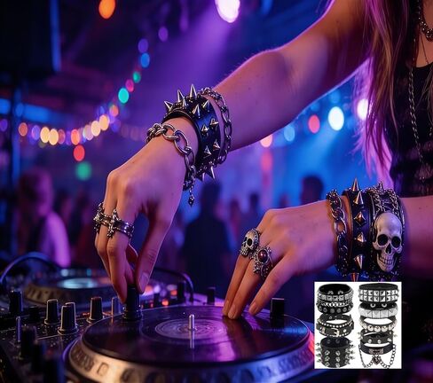 8 Pcs Punk Rock Studded Bracelet Set Leather Cuff Bracelets for Men Women 80s Emo Goth Metal Wristband Accessories in Saudi Arabia