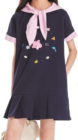 Girls Navy Blue Short Sleeve Dress with Removable Pink Striped Hood Pleated Dress with Pockets for Teens 6-16Y in Saudi Arabia