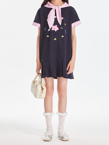 Girls Navy Blue Short Sleeve Dress with Removable Pink Striped Hood Pleated Dress with Pockets for Teens 6-16Y in Saudi Arabia
