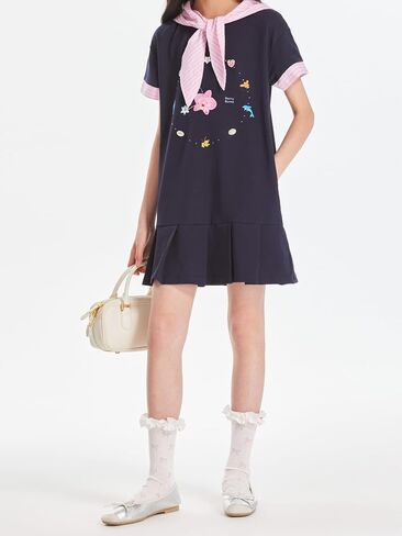 Girls Navy Blue Short Sleeve Dress with Removable Pink Striped Hood Pleated Dress with Pockets for Teens 6-16Y in Saudi Arabia