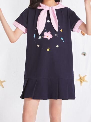 Girls Navy Blue Short Sleeve Dress with Removable Pink Striped Hood Pleated Dress with Pockets for Teens 6-16Y in Saudi Arabia