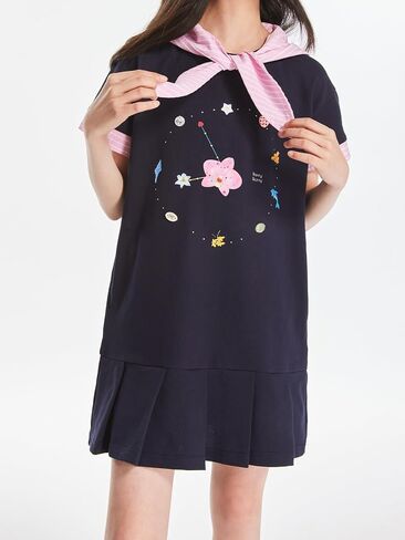 Girls Navy Blue Short Sleeve Dress with Removable Pink Striped Hood Pleated Dress with Pockets for Teens 6-16Y in Saudi Arabia