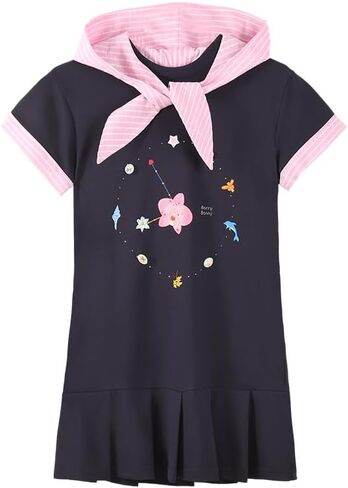 Girls Navy Blue Short Sleeve Dress with Removable Pink Striped Hood Pleated Dress with Pockets for Teens 6-16Y in Saudi Arabia