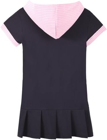 Girls Navy Blue Short Sleeve Dress with Removable Pink Striped Hood Pleated Dress with Pockets for Teens 6-16Y in Saudi Arabia