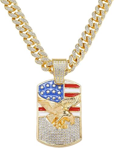 Iced Out American Flag Eagle Dog Tag Necklace - Gold Plated Hip Hop Cuban Link Chain with Crystal, Patriotic USA Flag Pendant for Men, 4th of July Independence Day Jewelry in Saudi Arabia