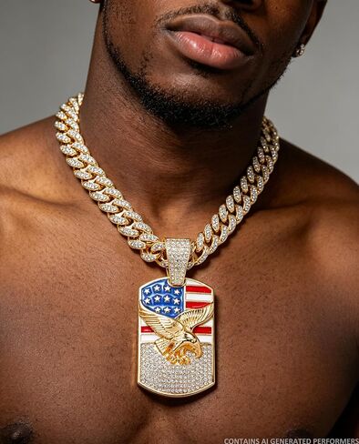 Iced Out American Flag Eagle Dog Tag Necklace - Gold Plated Hip Hop Cuban Link Chain with Crystal, Patriotic USA Flag Pendant for Men, 4th of July Independence Day Jewelry in Saudi Arabia