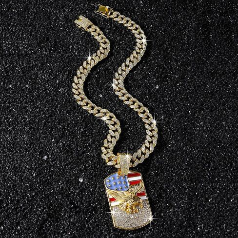 Iced Out American Flag Eagle Dog Tag Necklace - Gold Plated Hip Hop Cuban Link Chain with Crystal, Patriotic USA Flag Pendant for Men, 4th of July Independence Day Jewelry in Saudi Arabia