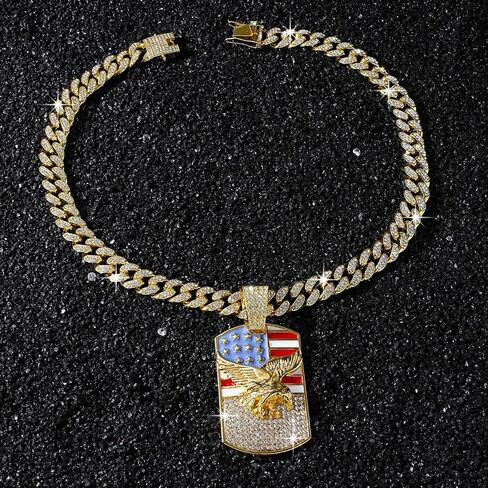 Iced Out American Flag Eagle Dog Tag Necklace - Gold Plated Hip Hop Cuban Link Chain with Crystal, Patriotic USA Flag Pendant for Men, 4th of July Independence Day Jewelry in Saudi Arabia