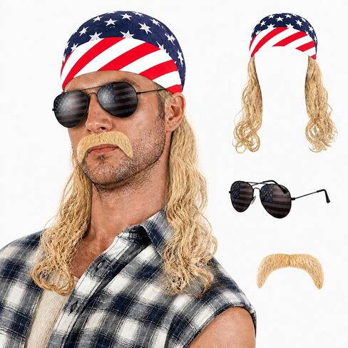 Dark Blonde Mullet Wigs for Men America 250th Anniversary,Wig for 4th of July Costumes,Patriotic Party Accessory,Stars and Stripes Design Mohawk Hair Wig in Saudi Arabia
