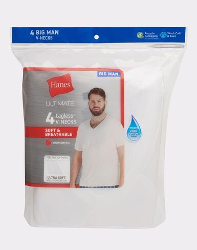 Hanes Mens Ultimate Big V-Neck White T-Shirt 4-Pack, 4XB, White in Kuwait