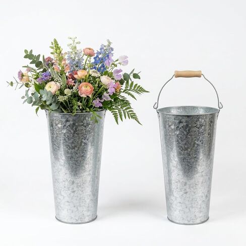 2 Pack Galvanized Metal Vase Farmhouse Flower Vases 15 inch Sparkler Bucket Tall Vases for Floor Galvanized Decor Metal Bucketsfor Wedding Table Centerpiece Decorations, Home Decor in Saudi Arabia