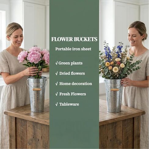 2 Pack Galvanized Metal Vase Farmhouse Flower Vases 15 inch Sparkler Bucket Tall Vases for Floor Galvanized Decor Metal Bucketsfor Wedding Table Centerpiece Decorations, Home Decor in Saudi Arabia