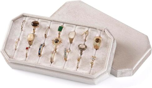 Velvet Ring Organizer Box, Hold 21 Rings Storage Case and Display Tray with Removable Lid for Drawer, Vendors, Vanities, Travel for Multiple Rings, Gift for Women- Champagne Beige in Saudi Arabia