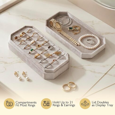 Velvet Ring Organizer Box, Hold 21 Rings Storage Case and Display Tray with Removable Lid for Drawer, Vendors, Vanities, Travel for Multiple Rings, Gift for Women- Champagne Beige in Saudi Arabia