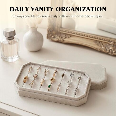 Velvet Ring Organizer Box, Hold 21 Rings Storage Case and Display Tray with Removable Lid for Drawer, Vendors, Vanities, Travel for Multiple Rings, Gift for Women- Champagne Beige in Saudi Arabia
