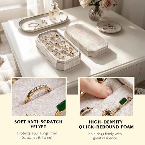Velvet Ring Organizer Box, Hold 21 Rings Storage Case and Display Tray with Removable Lid for Drawer, Vendors, Vanities, Travel for Multiple Rings, Gift for Women- Champagne Beige in Saudi Arabia