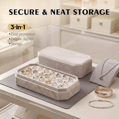 Velvet Ring Organizer Box, Hold 21 Rings Storage Case and Display Tray with Removable Lid for Drawer, Vendors, Vanities, Travel for Multiple Rings, Gift for Women- Champagne Beige in Saudi Arabia