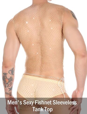 SEAUR Men's Mesh Tank Top Fishnet Sleeveless Rhinestones Shirt Sexy See Through Crop Nightclub Slim Fit Tops in Kuwait