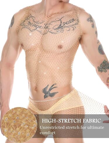 SEAUR Men's Mesh Tank Top Fishnet Sleeveless Rhinestones Shirt Sexy See Through Crop Nightclub Slim Fit Tops in Kuwait