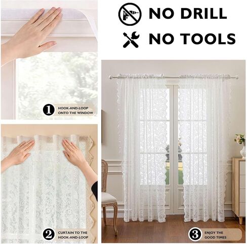 Vintage Lace Curtains Semi Sheer for Windows, Light Filtering Curtains with Pearl Trim, No-Hole Needed, 2 Panels, Bedroom Living Room Decor(52" W x 84" L - Natural White) in Saudi Arabia